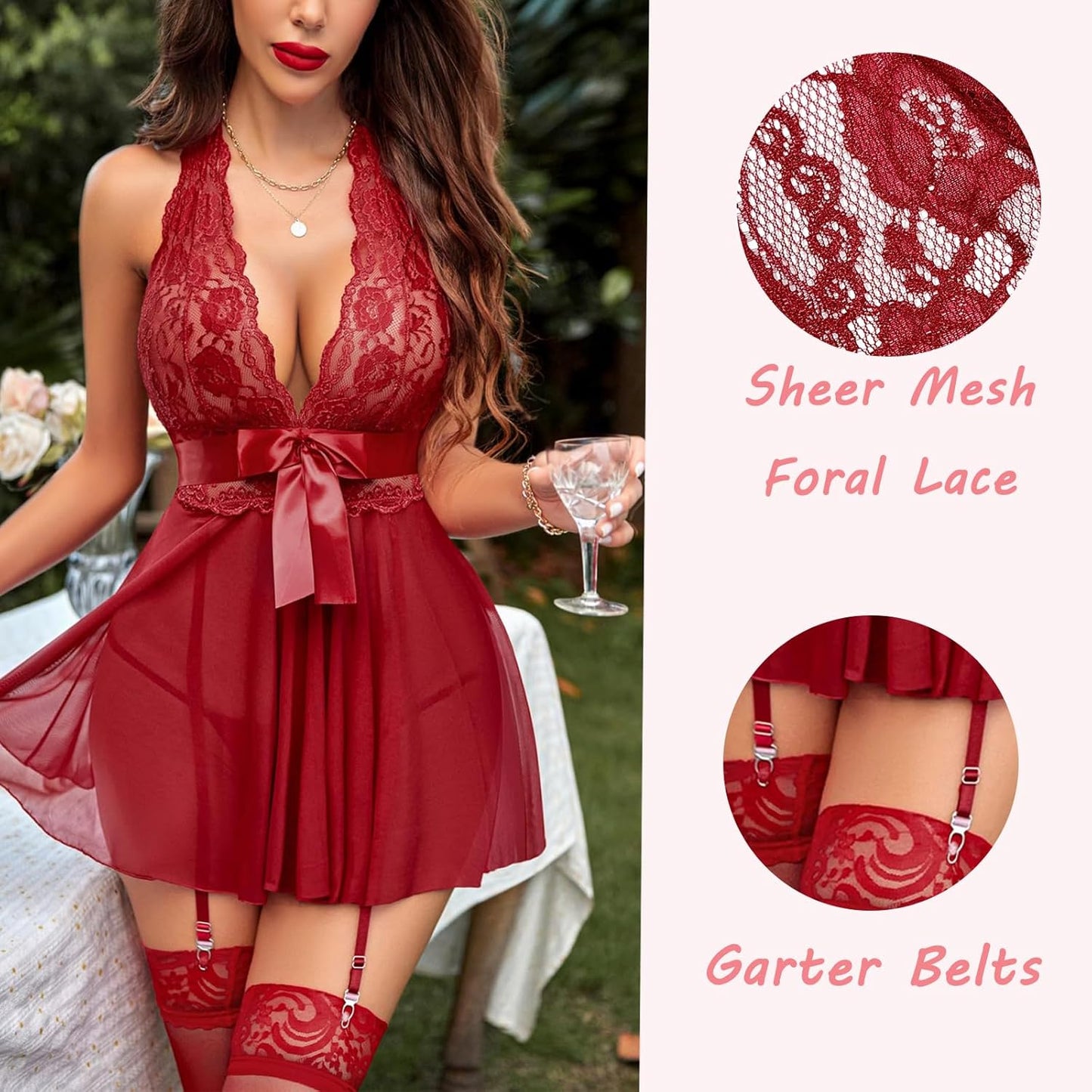 Red lace lingerie set with deep neckline bodice, sheer skirt, and garter belts. Model posed outdoors next to a table with flowers.