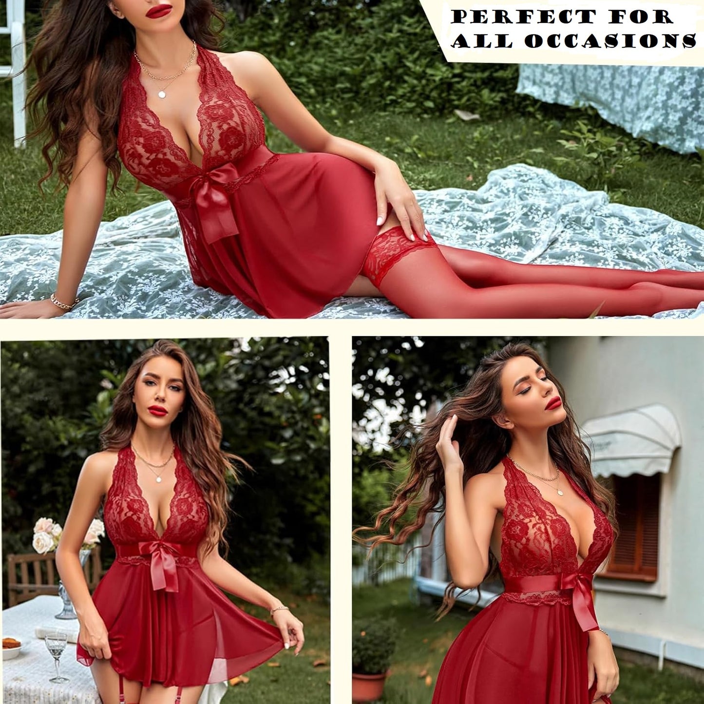 Red lace lingerie set with deep neckline bodice, sheer skirt, and garter belts. Model posed outdoors on lace blanket with flower baskets nearby