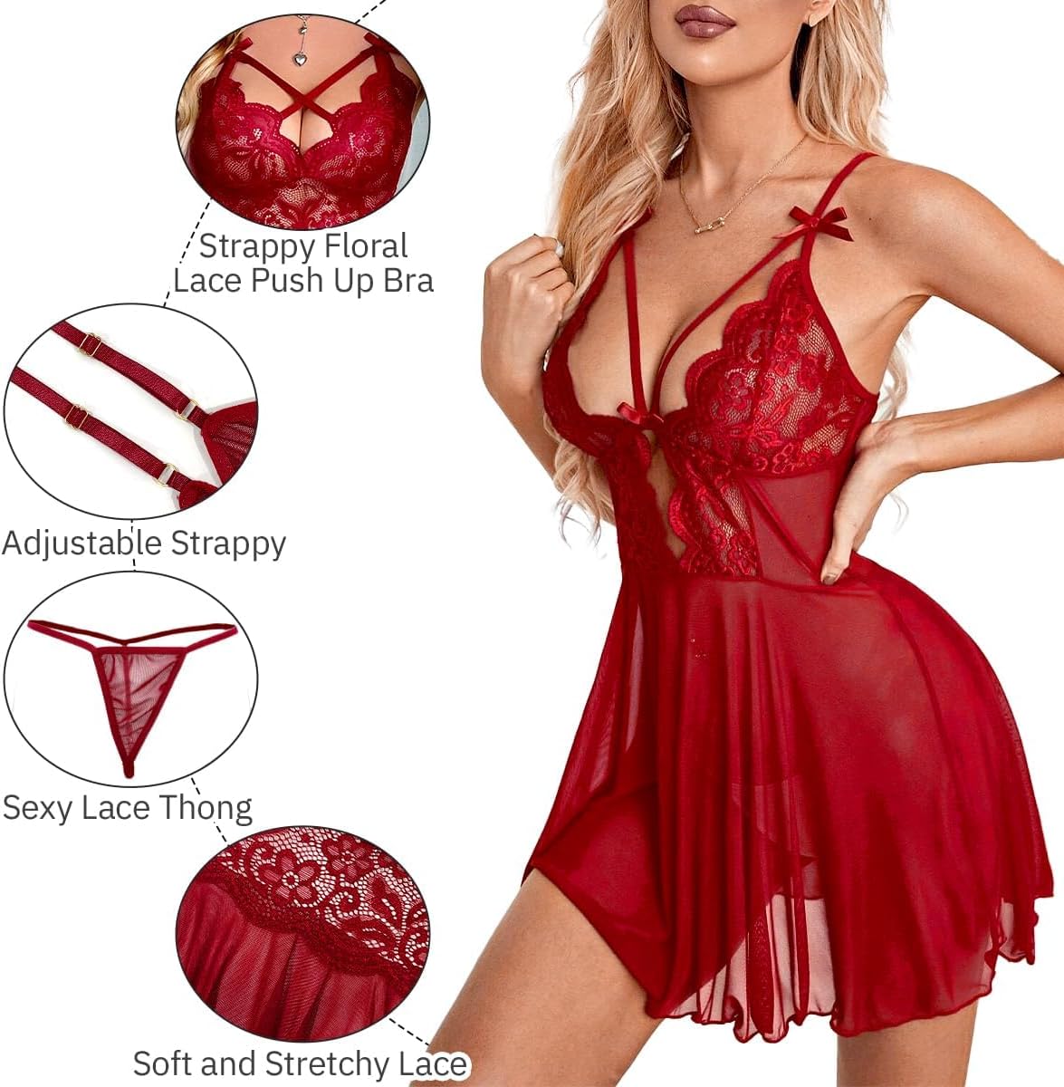 Sexy Lingerie Set for Women: V-Neck Lace Babydoll with Sheer Mesh & G-String - Bridal, Valentine's Naughty Nightwear Teddy See-Through Nightdress