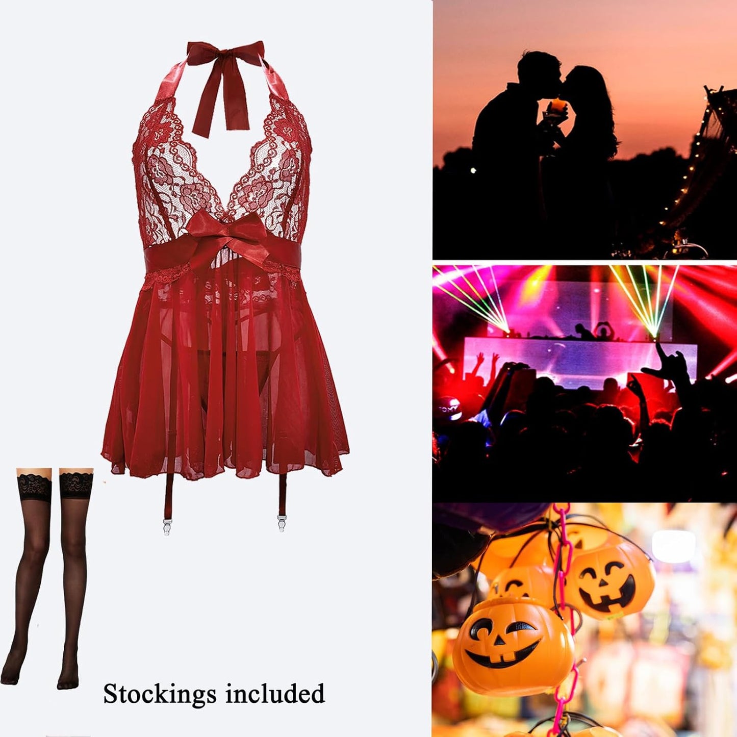 Red lace lingerie set with deep neckline, ribbon bow waist, and garter straps. Stockings included. Collage includes romantic couple silhouette at sunset and concert crowd scene.