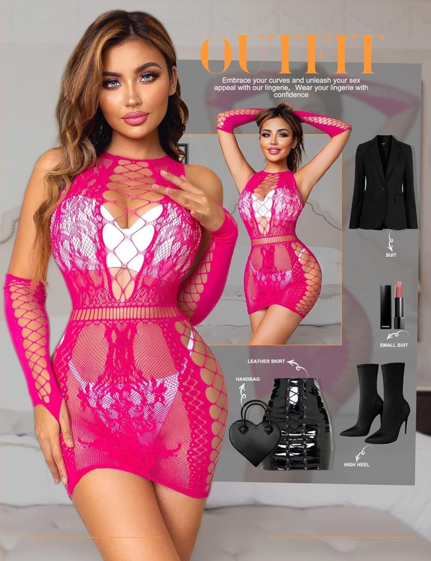 Women's Fishnet Bodysuit with Gloves - Sheer Stretch One-Piece Lingerie Nightwear (One Size)