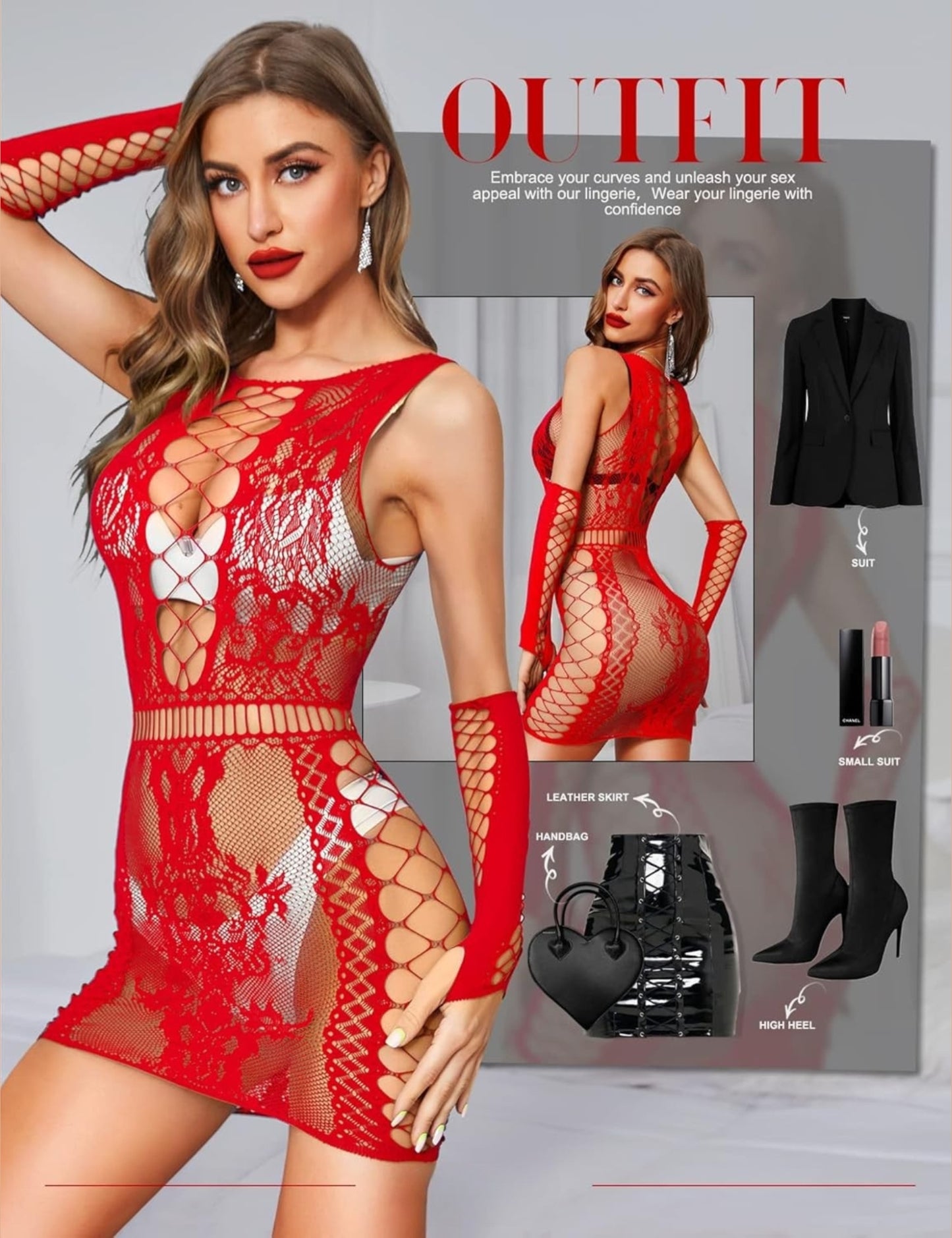 Women's Fishnet Bodysuit with Gloves - Sheer Stretch One-Piece Lingerie Nightwear (One Size)