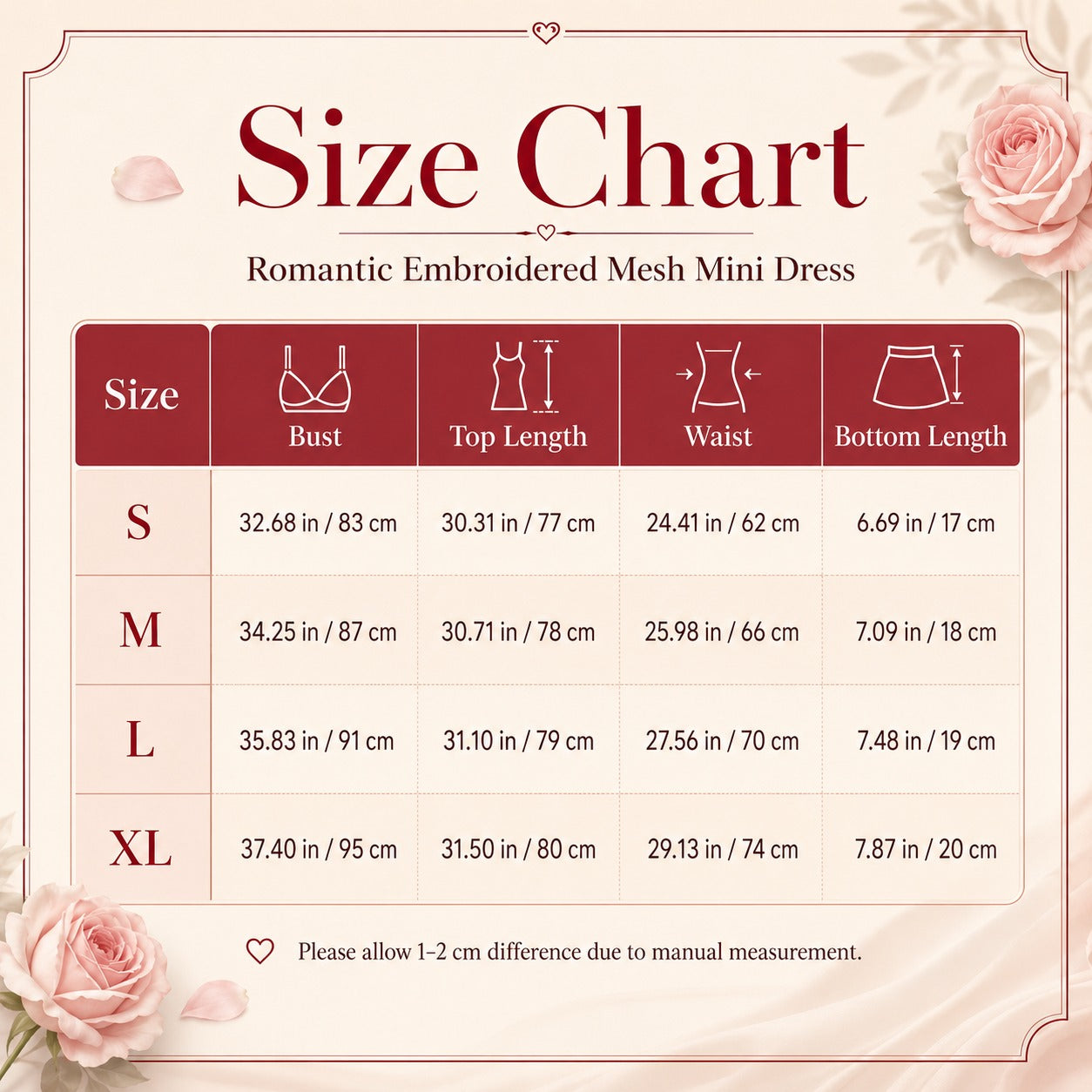 A size chart graphic for a romantic embroidered mesh mini dress, showing a size table from S to XL with bust, top length, waist, and bottom length measurements in inches and centimeters, on a soft cream background with pink roses.