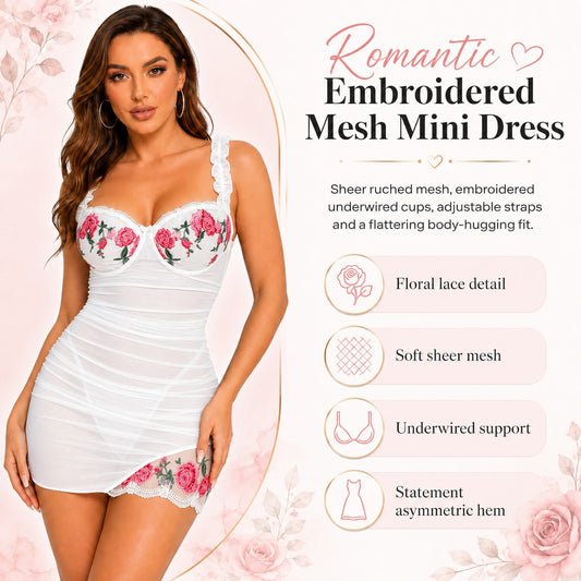 A woman models a white sheer mini dress with pink floral lace trim on the bust and hem, set against a light pink floral background with product text and feature callouts.