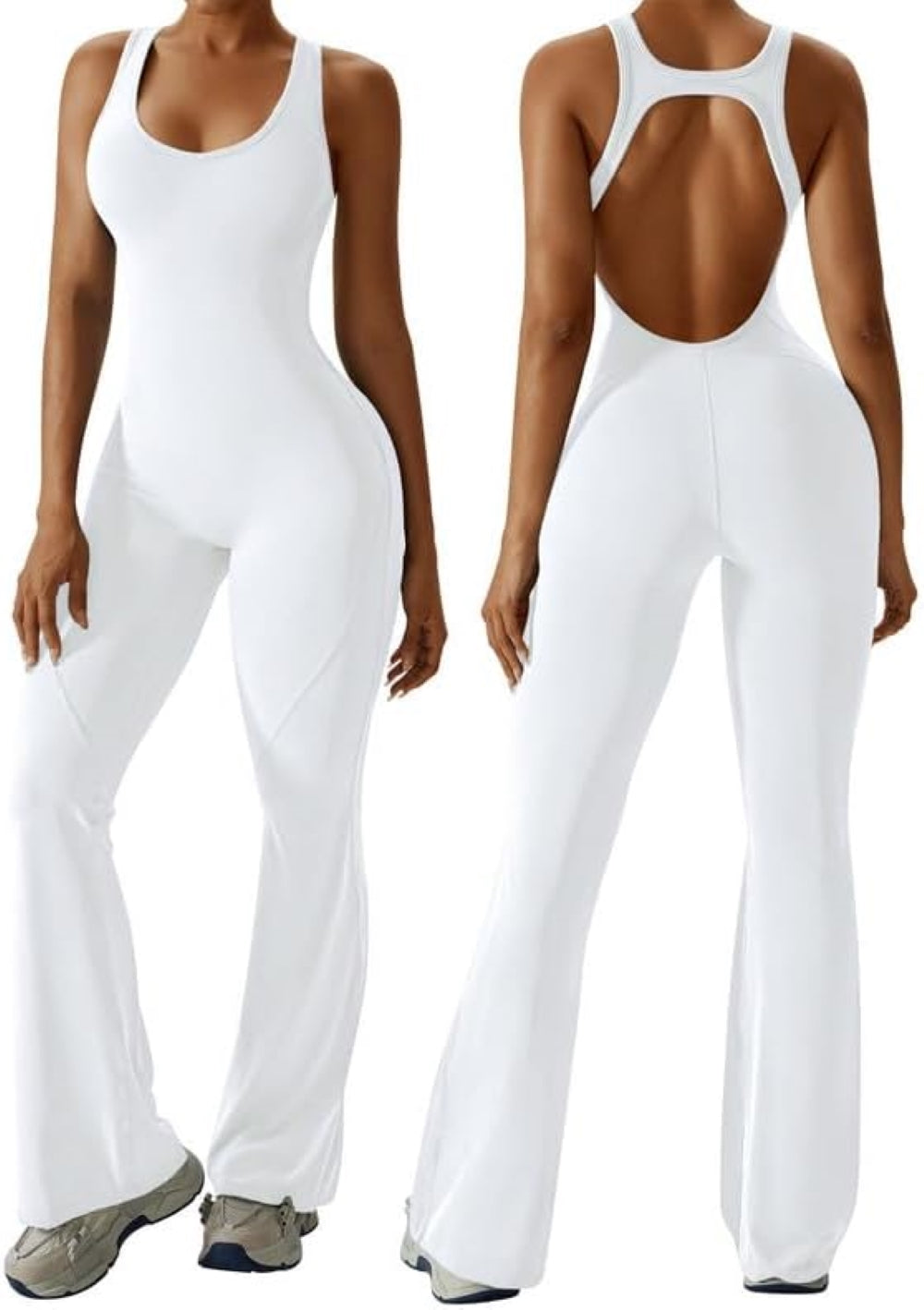 Women's Flared Jumpsuit – Sexy Backless Tight Fitted Sleeveless Racerback Bodysuit with U-Neck and Removable Padding – Wide-Leg Bodycon Unitard Outfit for Yoga and Fitness