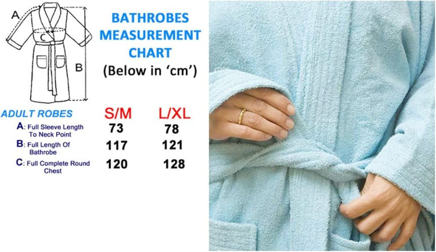 Bathrobe measurement chart and image of a hand holding a blue bathrobe. Chart shows size measurements for small/medium and large/extra large in centimeters.