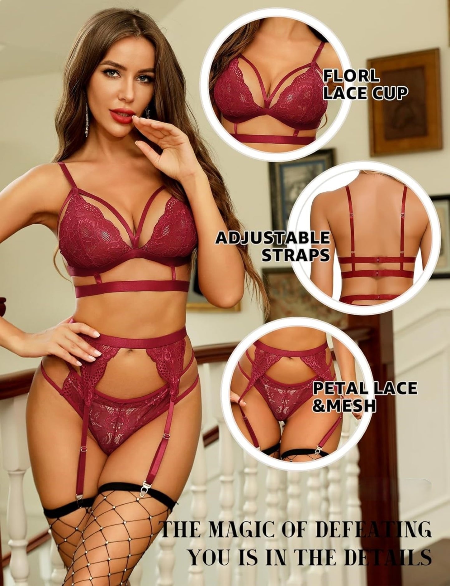 Elegant Floral Lace 3-Piece Lingerie Set – Bra, Thong & Adjustable Garter Belt (UK S–XXL) – Valentine's Day Multi-Colour Lingerie for Women
