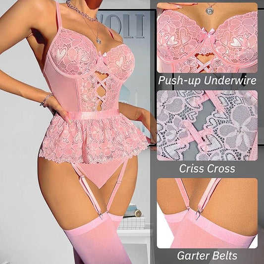 Laven & Ivory Lace Bodysuit for Women - One Piece Lingerie - Mesh Detail