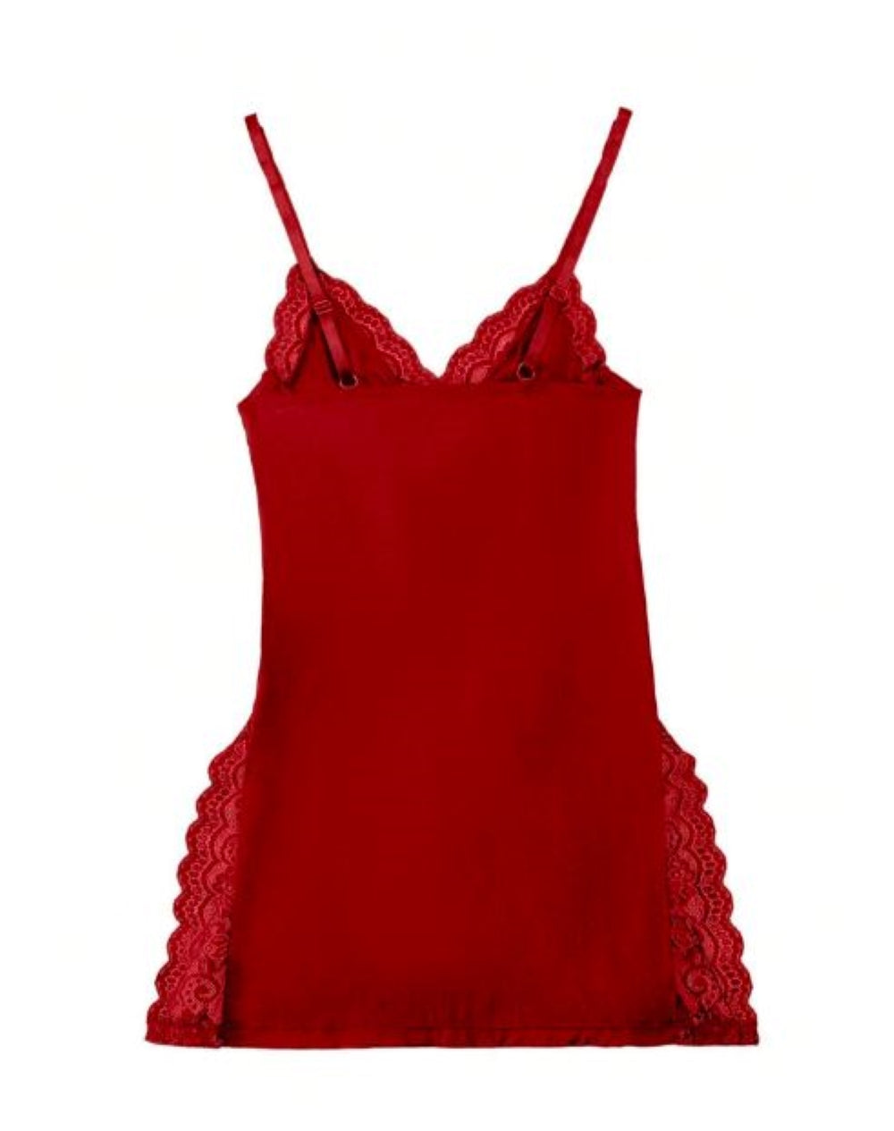 Red chemise with lace trim and thin shoulder straps. Features a bow at the bust and a smooth, flowing skirt with lace hem.