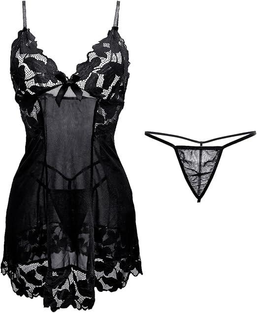 Womens Mesh Floral Lingerie Nightwear 2 Pieces, Lace Spaghetti Strap Nightdress Chemises with G-String for Women UK, Ladies Sheer Bow Tie Negligees V Neck Babydoll Nightgown