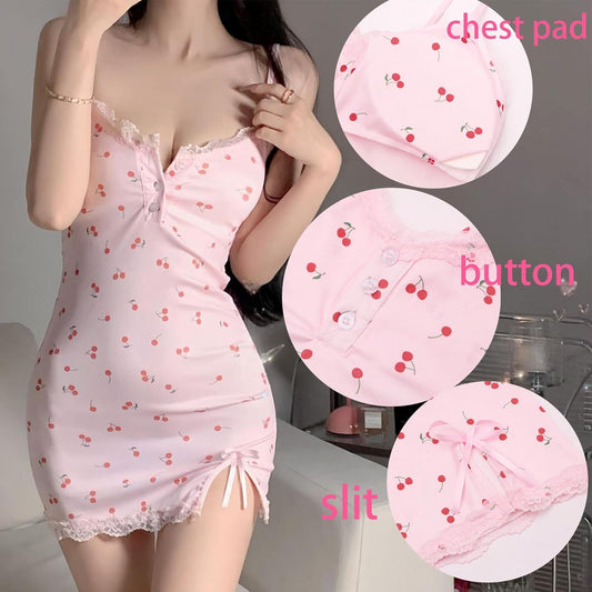Women Lingerie Set Sexy Padded Babydoll Nightwear Sweet Flower Cherry Mini Dress Slit Lace Trim Sleeveless Chemise Naughty Outfits Bedroom Cute Loungewear Nightdress