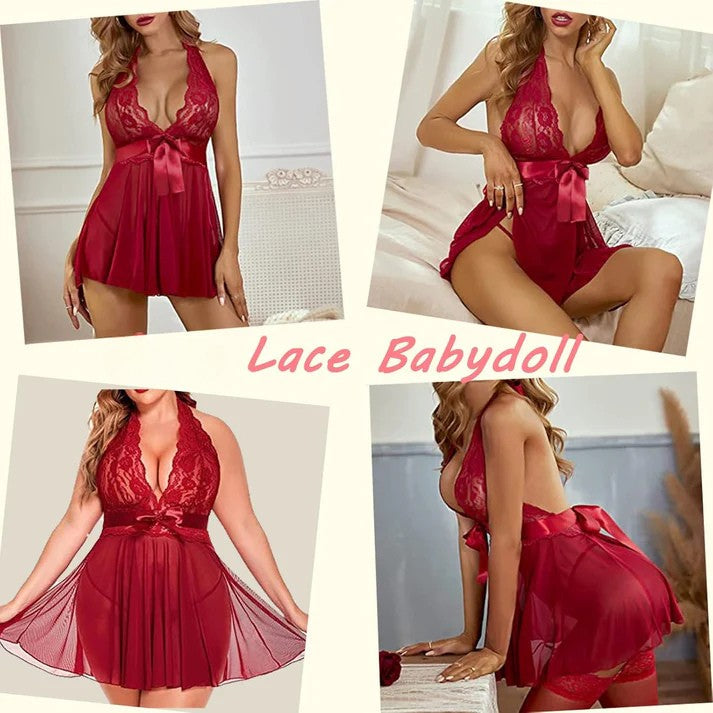 Red lace lingerie set with halter neck design, sheer skirt, and ribbon bow waist. Includes garter straps. Model shown in various poses to display different angles of the babydoll top.