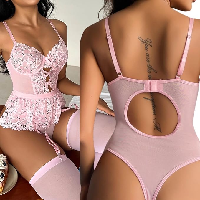 Laven & Ivory Lace Bodysuit for Women - One Piece Lingerie - Mesh Detail