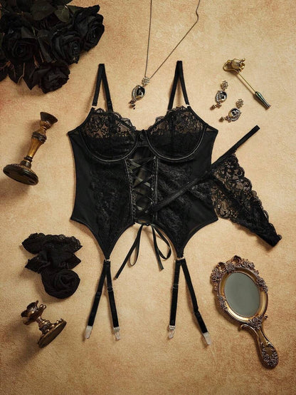 Laven & Ivory 4-Piece Lace-Up Corset Lingerie Set with Stockings