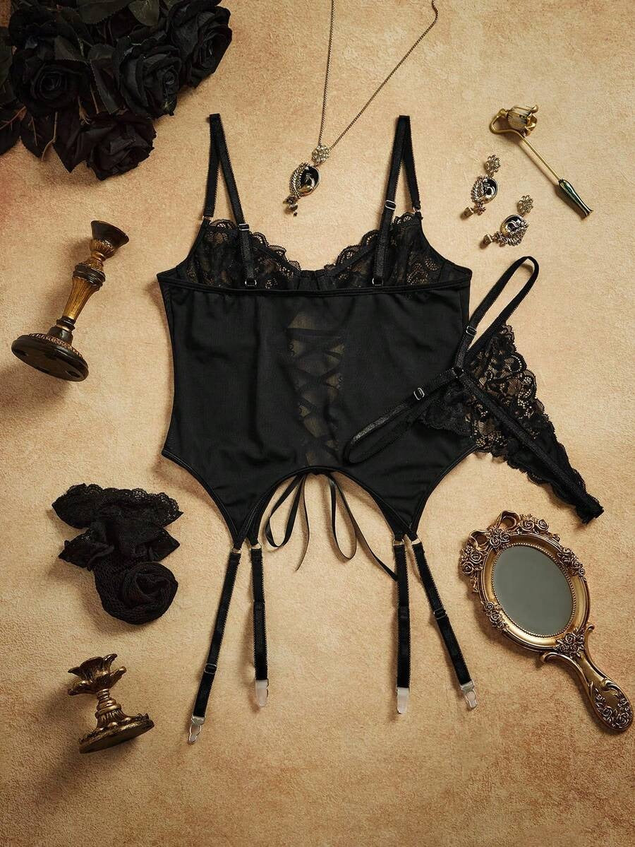 Laven & Ivory 4-Piece Lace-Up Corset Lingerie Set with Stockings