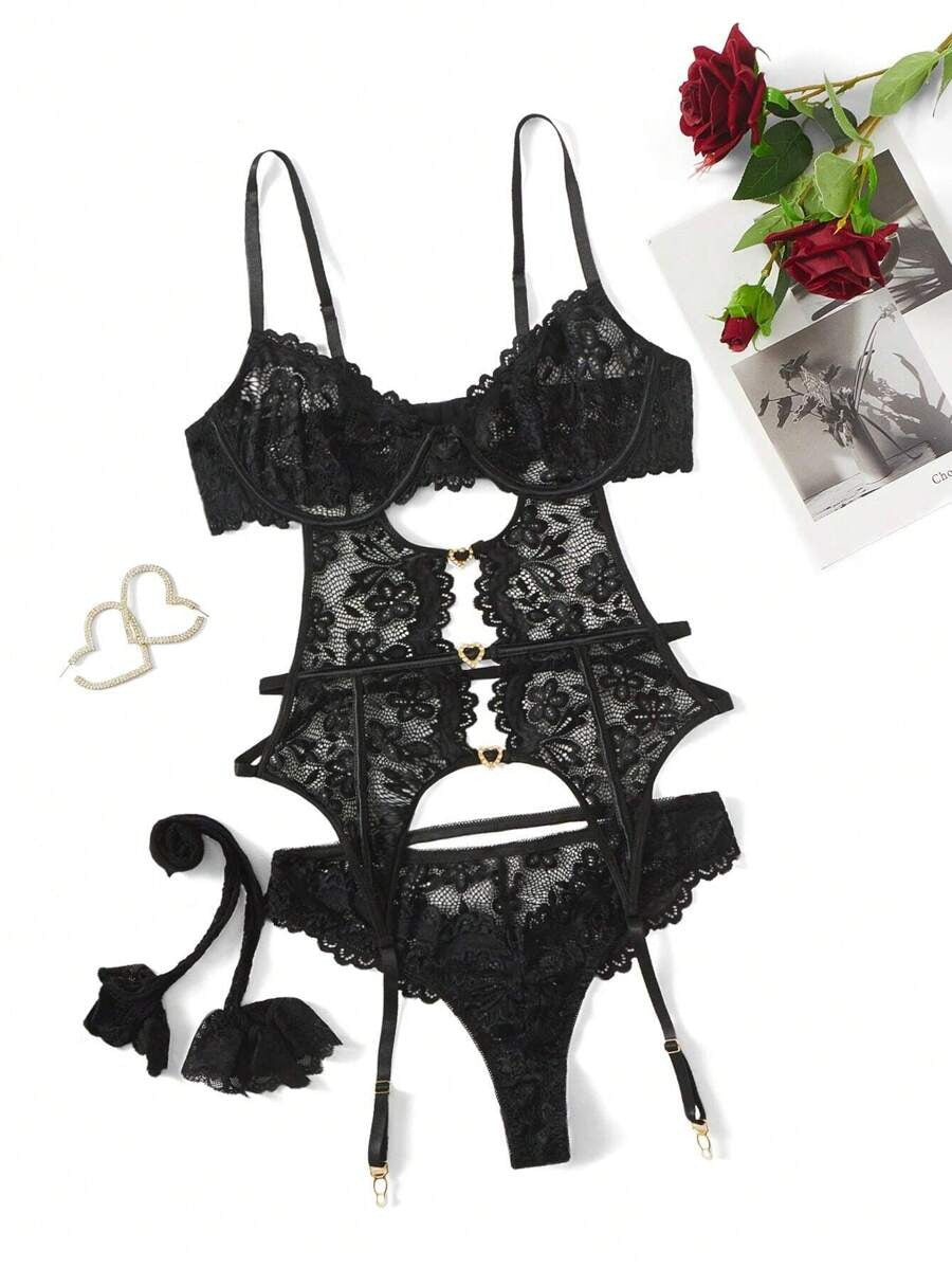 Laven & Ivory Pink Lace Underwire Garter Lingerie Set with Stockings
