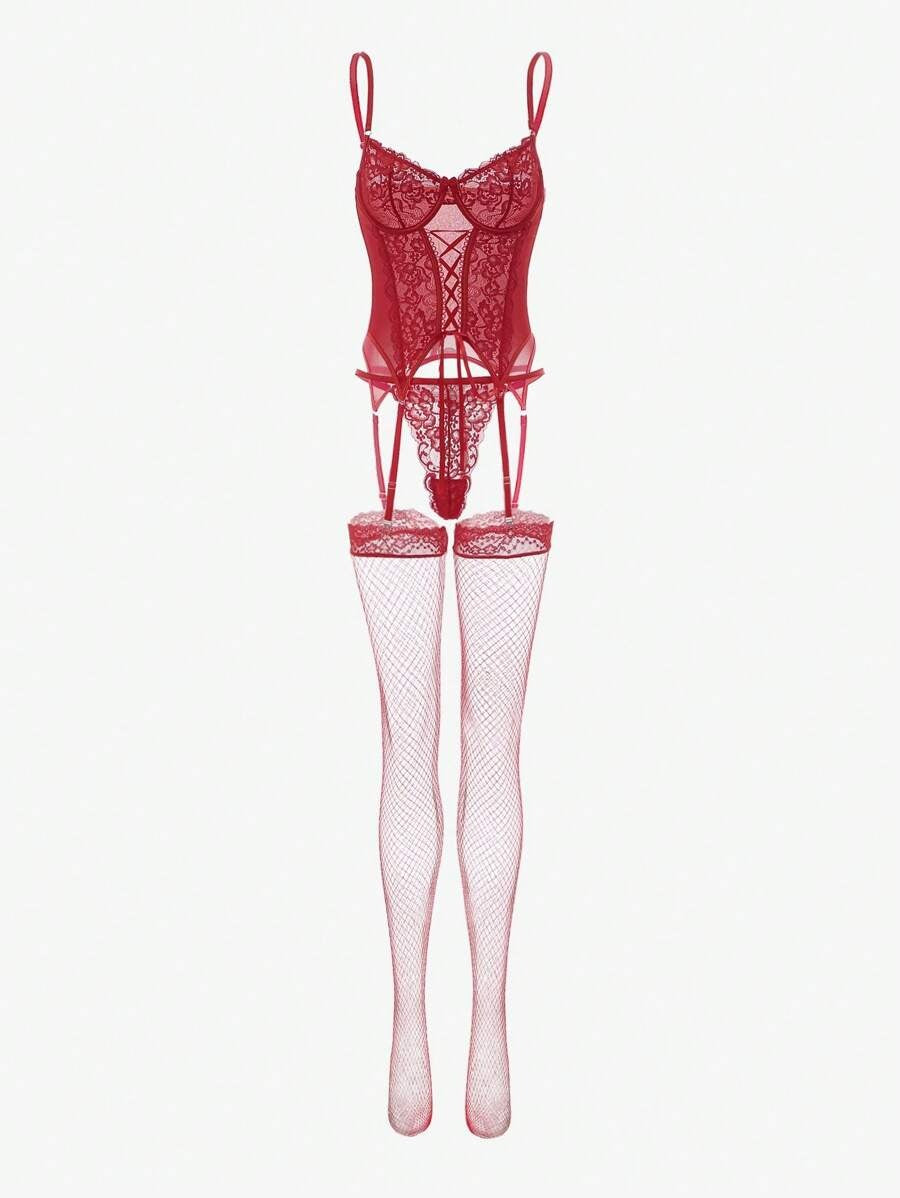 Laven & Ivory 4-Piece Lace-Up Corset Lingerie Set with Stockings