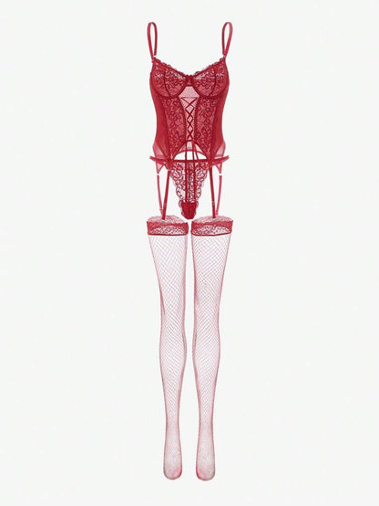 Laven & Ivory 4-Piece Lace-Up Corset Lingerie Set with Stockings