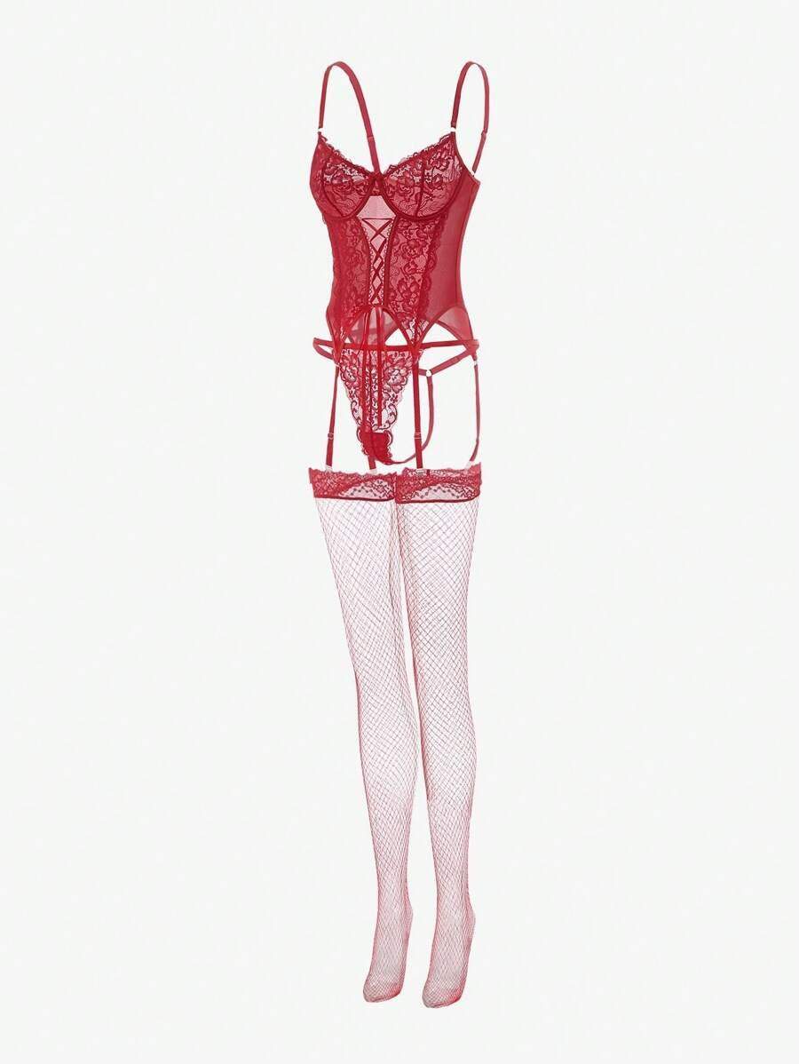 Laven & Ivory 4-Piece Lace-Up Corset Lingerie Set with Stockings