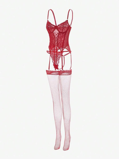 Laven & Ivory 4-Piece Lace-Up Corset Lingerie Set with Stockings