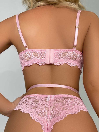 Laven & Ivory Pink Lace Underwire Garter Lingerie Set with Stockings