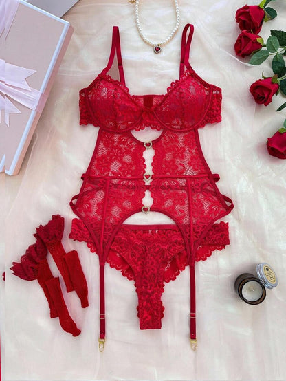 Laven & Ivory Pink Lace Underwire Garter Lingerie Set with Stockings