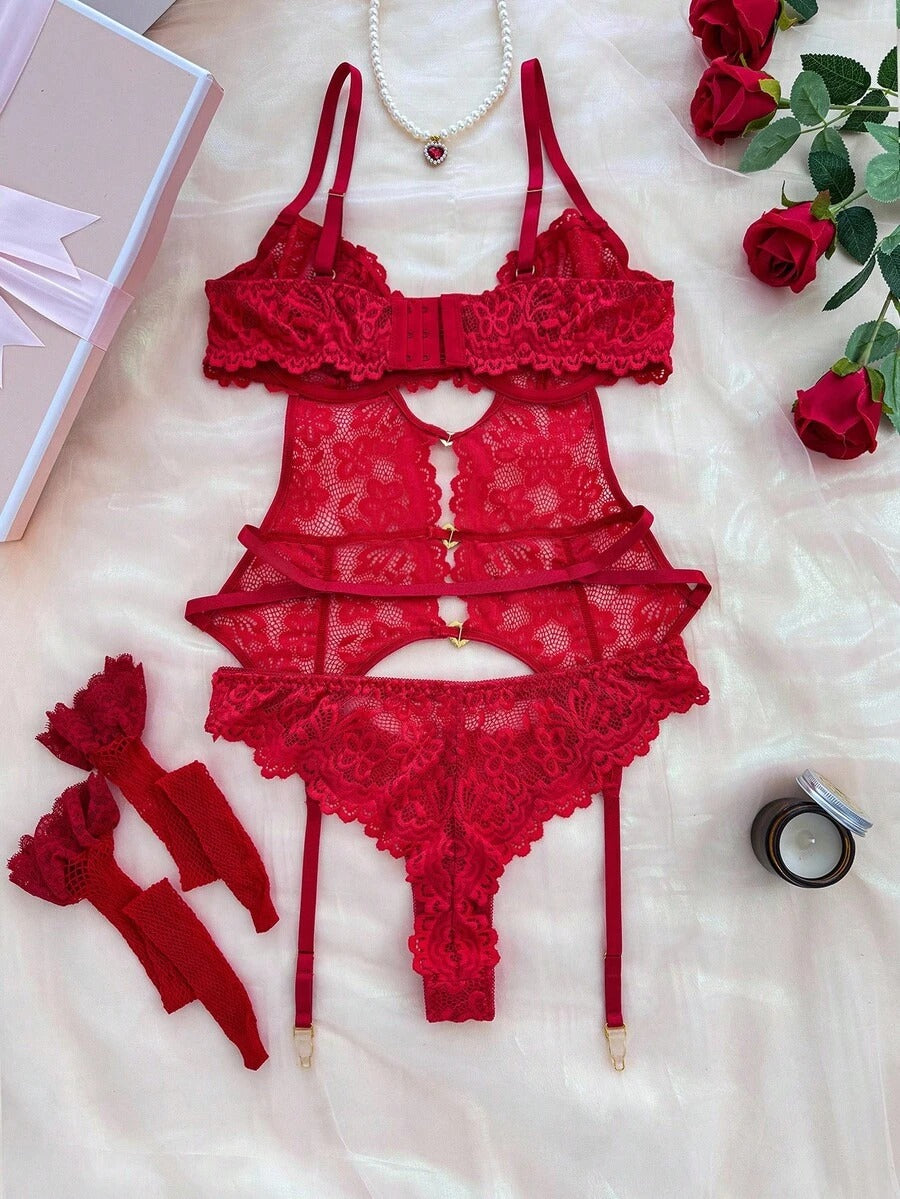 Laven & Ivory Pink Lace Underwire Garter Lingerie Set with Stockings