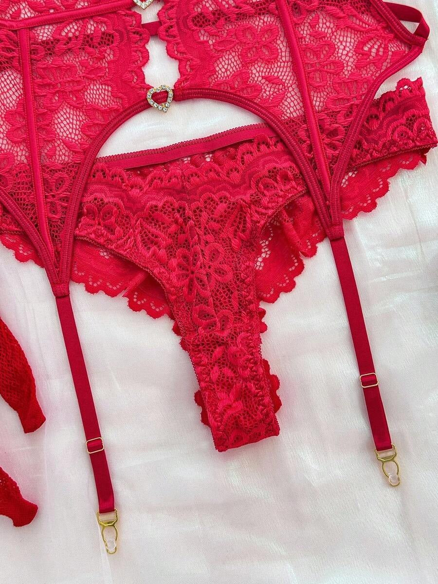 Laven & Ivory Pink Lace Underwire Garter Lingerie Set with Stockings