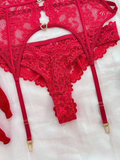 Laven & Ivory Pink Lace Underwire Garter Lingerie Set with Stockings
