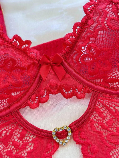 Laven & Ivory Pink Lace Underwire Garter Lingerie Set with Stockings