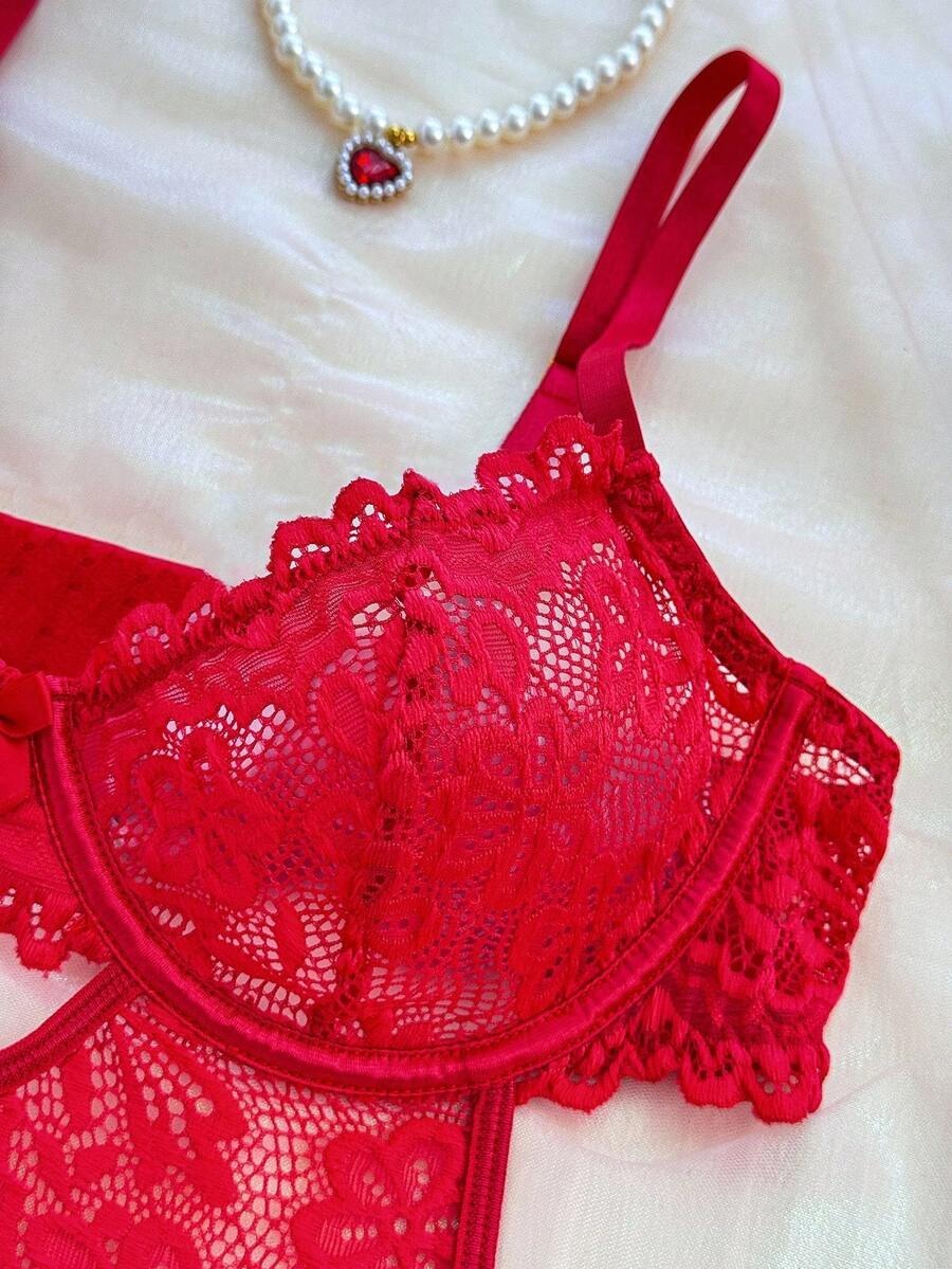 Laven & Ivory Pink Lace Underwire Garter Lingerie Set with Stockings