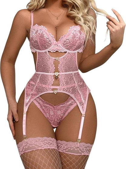 Laven & Ivory Pink Lace Underwire Garter Lingerie Set with Stockings