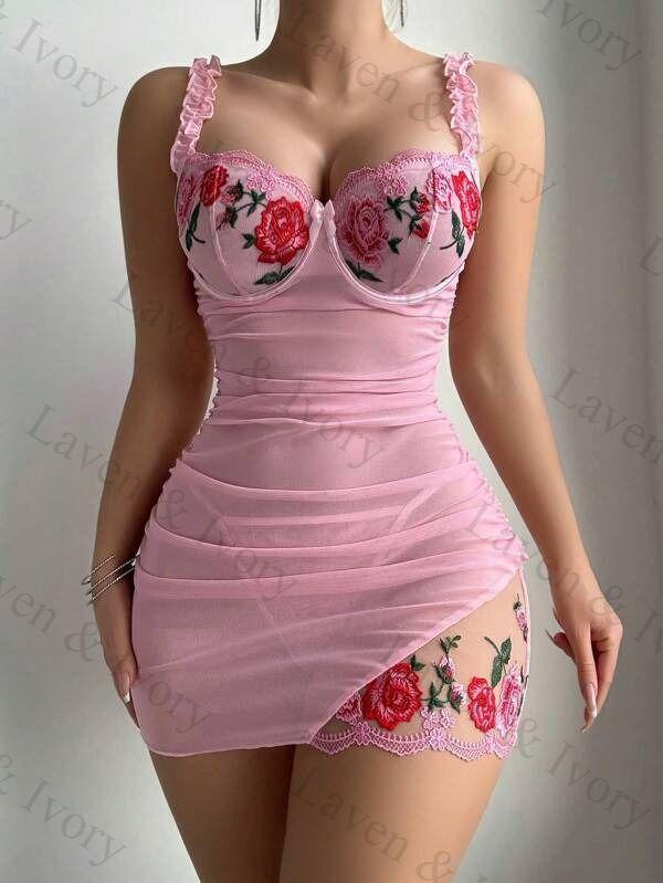 Laven & Ivory Floral Mesh Lace Babydoll Lingerie Slip Dress  – Sexy Summer Camisole Nightwear - 2pcs Sexy Ruched Ruffled Mesh Embroidery Babydoll Nightgown And G-String Set