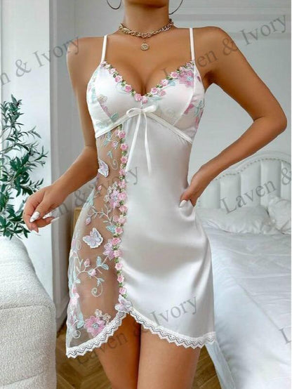Laven & Ivory Floral Mesh Lace Babydoll Lingerie Slip Dress – Sexy Summer Camisole Nightwear