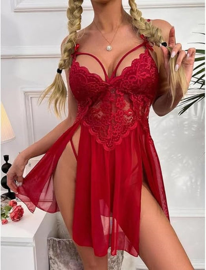 Elegant Sheer Babydoll Lingerie Dress with G-String | Cotton & Polyester Lace Nightwear for Women | Bridal & Special Occasion Sleepwear