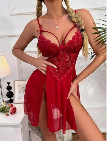 Elegant Sheer Babydoll Lingerie Dress with G-String | Cotton & Polyester Lace Nightwear for Women | Bridal & Special Occasion Sleepwear