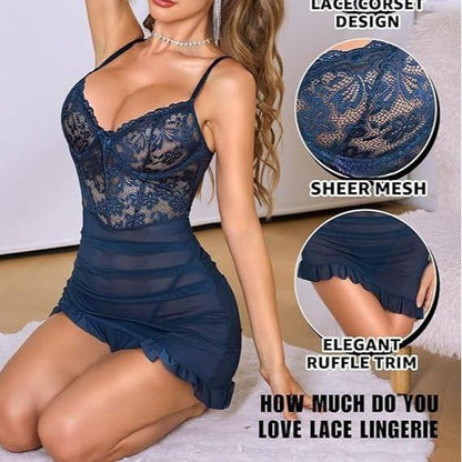 Laven & Ivory Babydoll Lace Lingerie Set for Women – Underwired Mesh Chemise Nightwear | Bridal Womenswear Lingerie | Comfortable Breathable Lingerie for Hen Nights, Anniversary & Trousseau