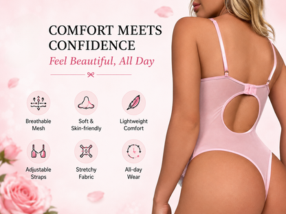 A woman shown from the back wearing a light pink one-piece lingerie bodysuit with a large open back and bow detail. The image includes marketing text and feature icons on a pale pink background with rose illustrations.
