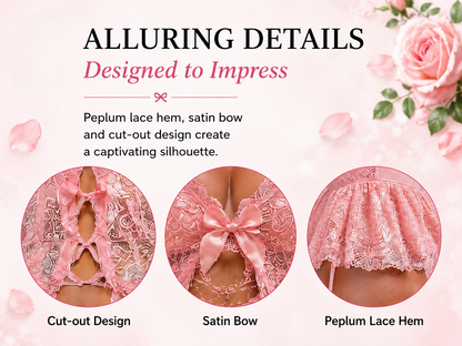 Promotional graphic for a pink lace lingerie bottom, showing three circular detail close-ups labeled Cut-out Design, Satin Bow, and Peplum Lace Hem, with text reading 'ALLURING DETAILS Designed to Impress' and pink rose decorations on a pale pink background.