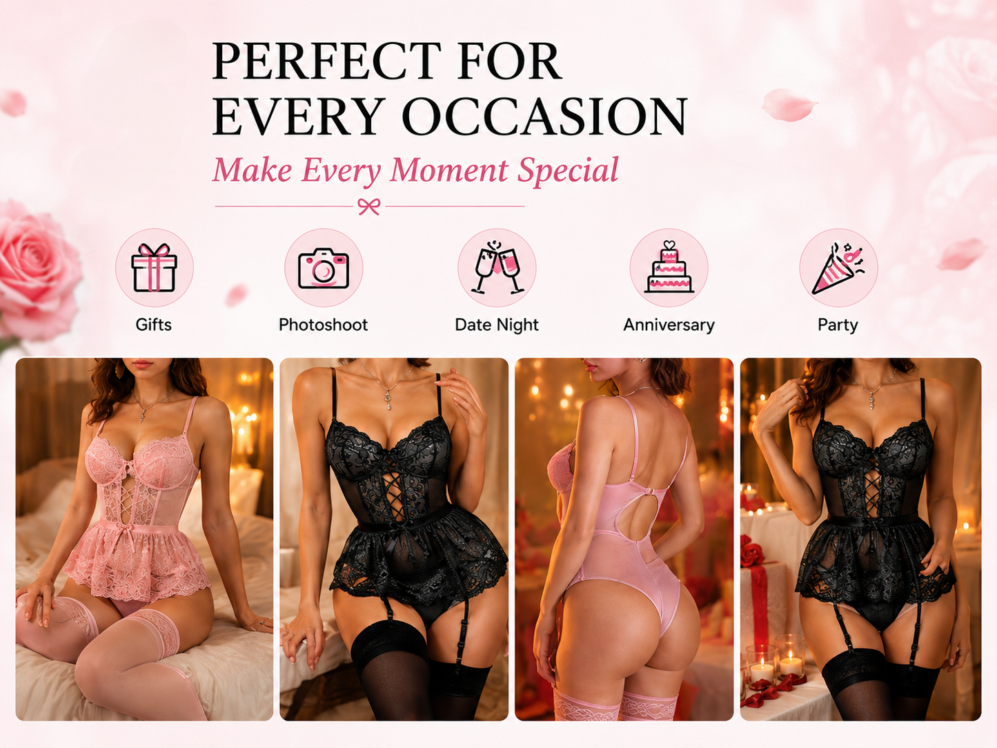 A promotional collage for a lace babydoll lingerie set, showing four women modeling the garment in pink and black versions. The top of the image contains marketing text reading 'PERFECT FOR EVERY OCCASION' and icons for Gifts, Photoshoot, Date Night, Anniversary, and Party, on a soft pink background.