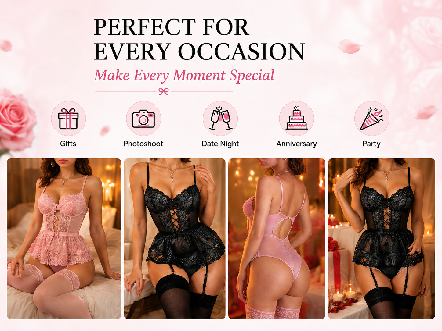 A promotional collage for a lace babydoll lingerie set, showing four women modeling the garment in pink and black versions. The top of the image contains marketing text reading 'PERFECT FOR EVERY OCCASION' and icons for Gifts, Photoshoot, Date Night, Anniversary, and Party, on a soft pink background.