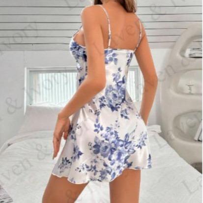 Laven & Ivory Floral Printed Satin Lingerie Sets UK – Elegant Silk-Like Slip Dress with Lace Detail & Thigh-High Slit, Lightweight Summer Pajama Loungewear for Vacation & Home - Night Dress Women