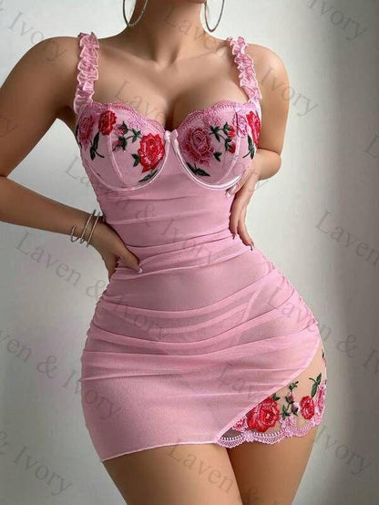 Laven & Ivory Floral Mesh Lace Babydoll Lingerie Slip Dress  – Sexy Summer Camisole Nightwear - 2pcs Sexy Ruched Ruffled Mesh Embroidery Babydoll Nightgown And G-String Set