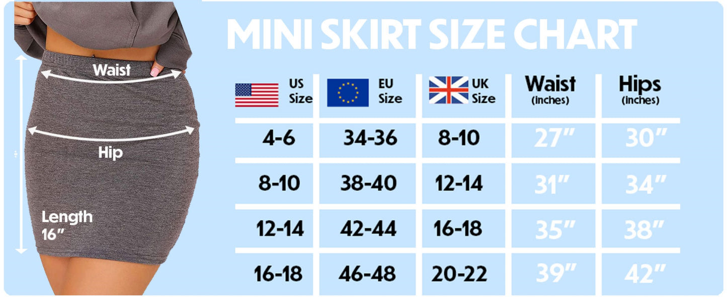 Mini skirt size chart showing US, EU, and UK sizes with corresponding waist and hip measurements in inches. Model demonstrates waist, hip, and skirt length measurements.