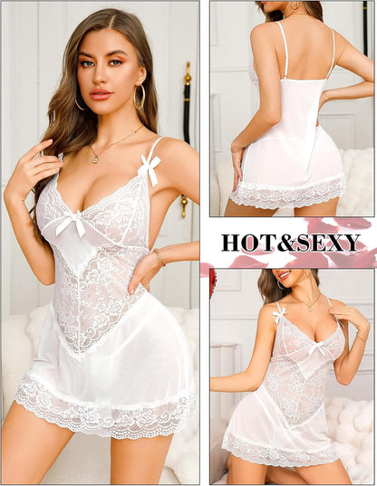 Laven & Ivory Lace Babydoll Nightwear for Women - Mesh Detail