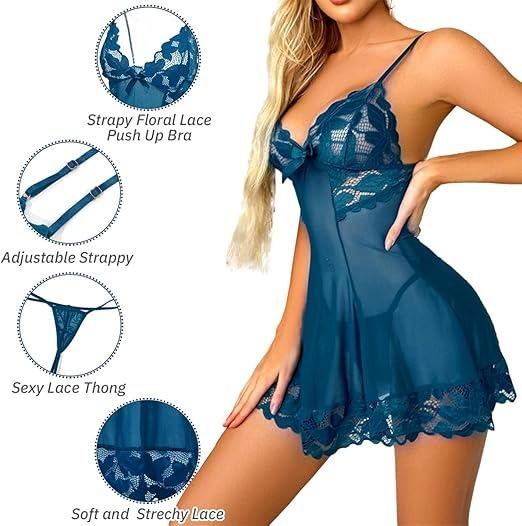 Womens Mesh Floral Lingerie Nightwear 2 Pieces, Lace Spaghetti Strap Nightdress Chemises with G-String for Women UK, Ladies Sheer Bow Tie Negligees V Neck Babydoll Nightgown