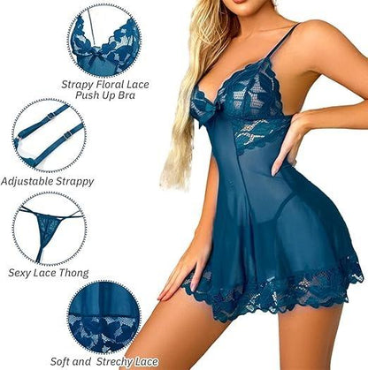 Womens Mesh Floral Lingerie Nightwear 2 Pieces, Lace Spaghetti Strap Nightdress Chemises with G-String for Women UK, Ladies Sheer Bow Tie Negligees V Neck Babydoll Nightgown