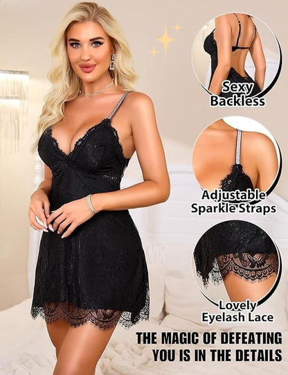 Babydoll Lingerie for Women - Sexy Lace Nightwear Backless Chemise Outfits Negligees - Eyelash Lace Lingerie