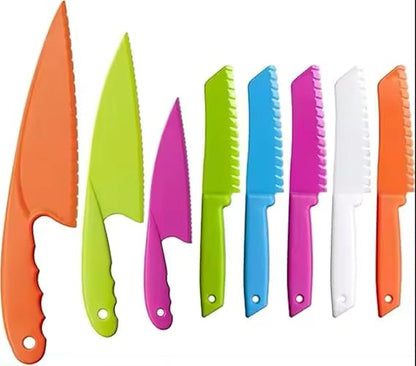 Laven & Ivory Colorful Kids Plastic Kitchen Knife Set for Chopping, 8-Piece, Lightweight Serrated Knives for Kids and Adults