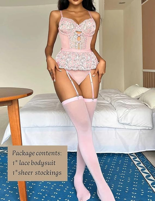 A woman models a light pink lace bodysuit with matching sheer pink thigh-high stockings in a bedroom setting. The image includes a text overlay detailing the package contents.
